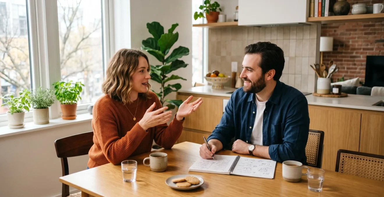 Jeune couple discutant d'un projet immobilier autour d'une table dans une cuisine lumineuse