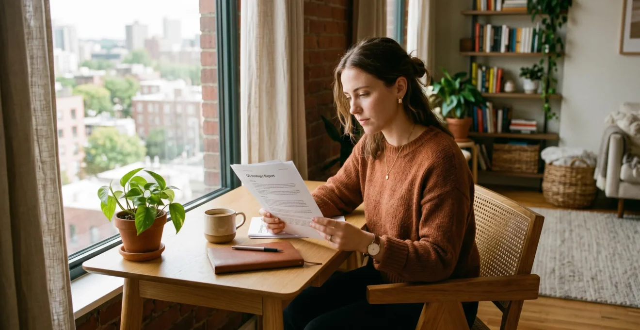 Jeune professionnel consultant un document financier dans un espace de travail moderne et lumineux