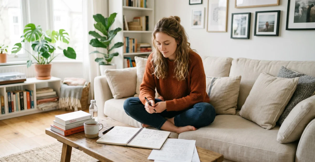 Jeune femme en train de planifier son budget épargne à la maison, dans un salon moderne