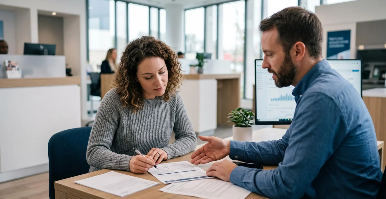 Un particulier examine des documents bancaires avec un conseiller dans une agence bancaire moderne lors d'un rendez-vous pour un changement de banque.