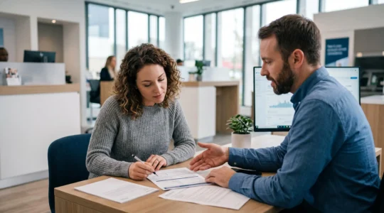 Un particulier examine des documents bancaires avec un conseiller dans une agence bancaire moderne lors d'un rendez-vous pour un changement de banque.