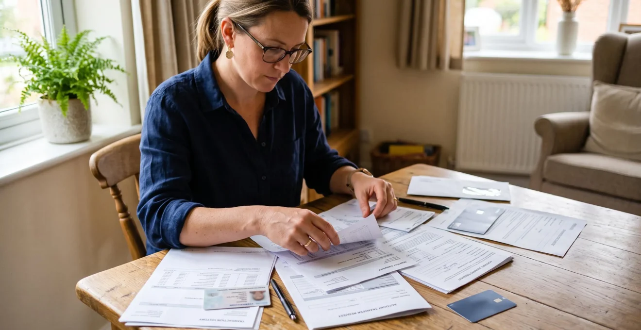 Une personne organise des documents bancaires sur une table à domicile en préparation d'un changement de banque.